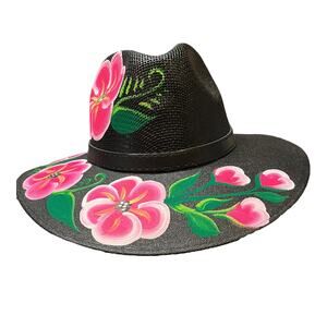HAT MEXICAN Artisanal Hand Painted Fedora Floral Sombrero Panama Bohemian Black